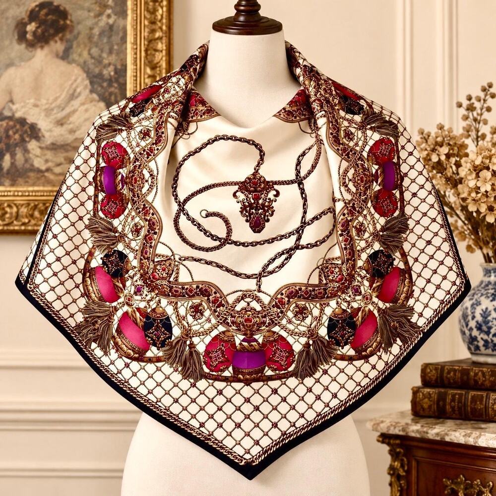 Vintage Adrienne Landau 90s Studio Silk Baroque Jewel Tassel Scarf 34x34 NWT